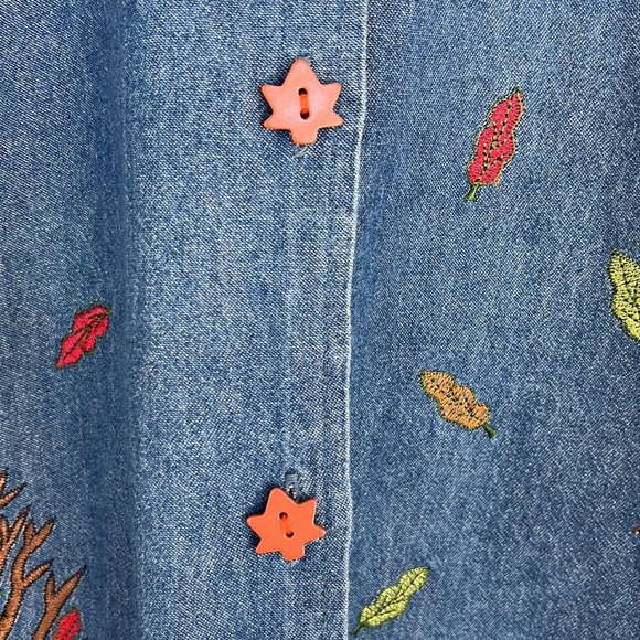 Tantrums Vintage, Autumn Fall Thanksgiving Embroidered Detail, Denim Shacket Top - Picture 5 of 12